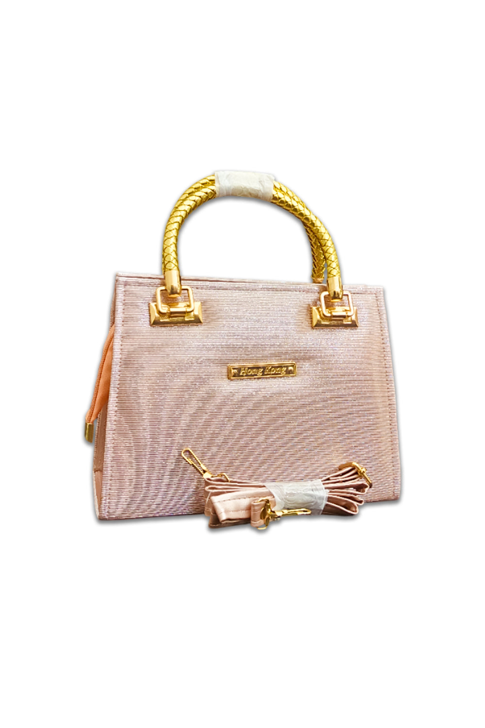 Elegant Rose Gold Handbag with Golden Handles – Luxury Designer Purse