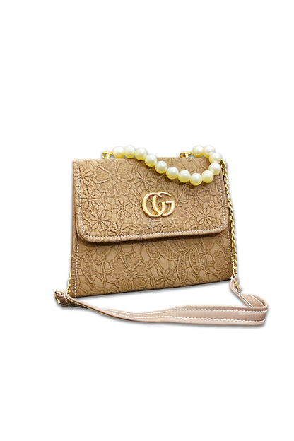 Beige Lace Handbag with Pearl Handle & Gold Chain