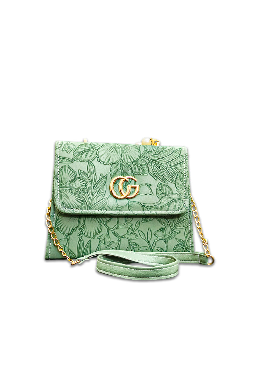Green Floral Handbag with Pearl Handle & Gold Chain