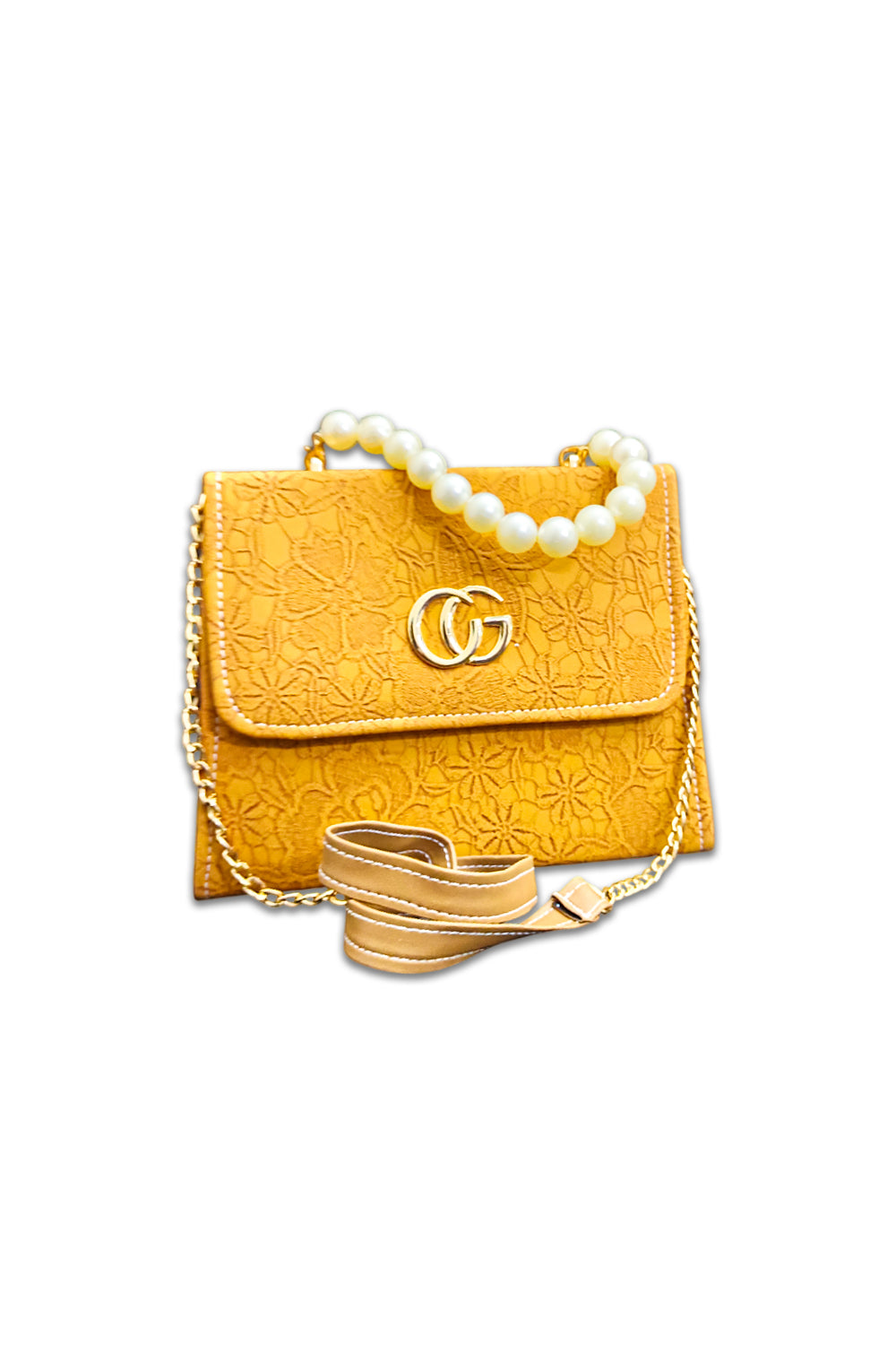 Elegant Mustard Floral Embossed Handbag with Pearl Handle