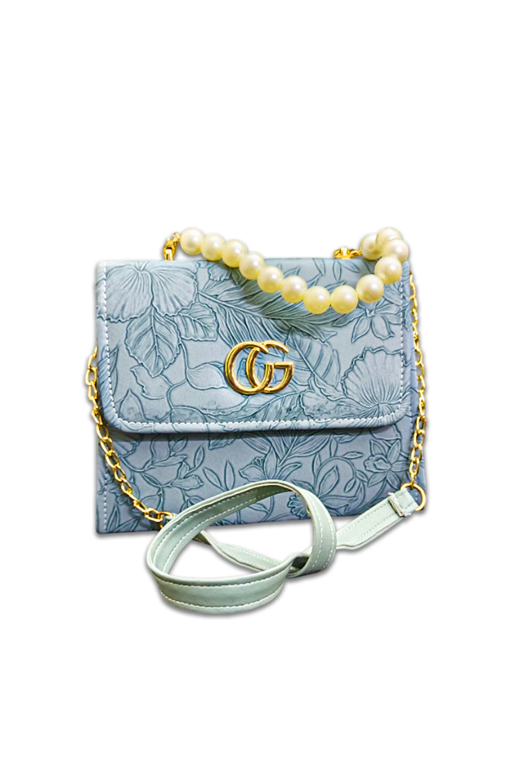 Elegant Sky Blue Floral Embossed Handbag with Pearl Handle